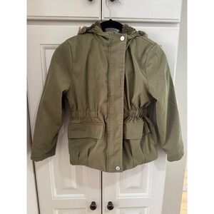 Girls Olive Green Hooded‎ Jacket with Faux Fur Trim, Button Zip Closure Size 9y